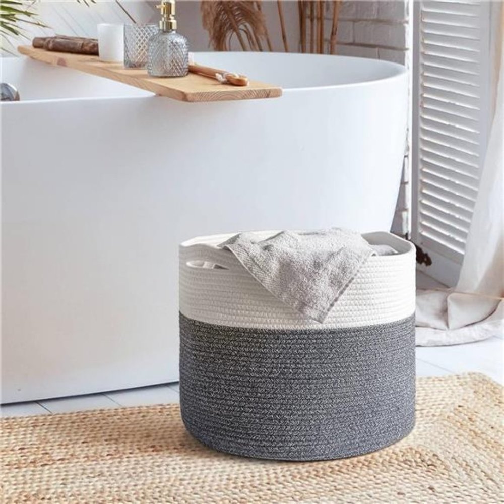 Large Cotton Rope Basket 15.8"x15.8"x13.8"Baby Laundry Woven Blanket Nursery Bin - Picture 2 of 7